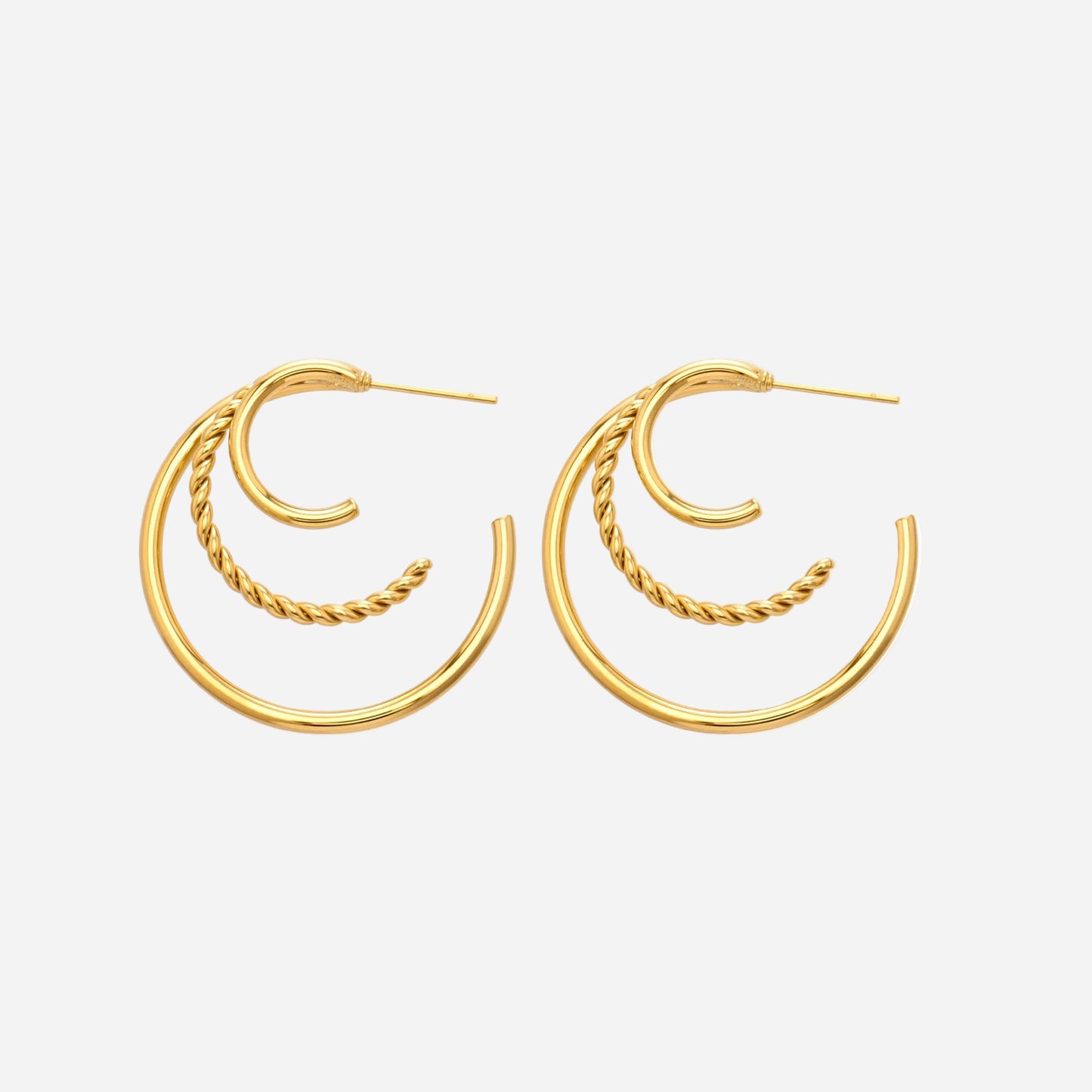 Pair of 18k gold plated 316L stainless steel triple layer twisted rope earrings on white background.