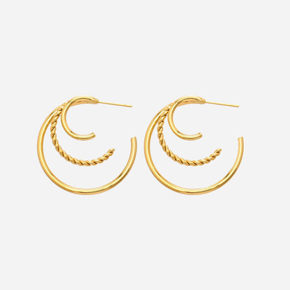 Pair of 18k gold plated 316L stainless steel triple layer twisted rope earrings on white background.