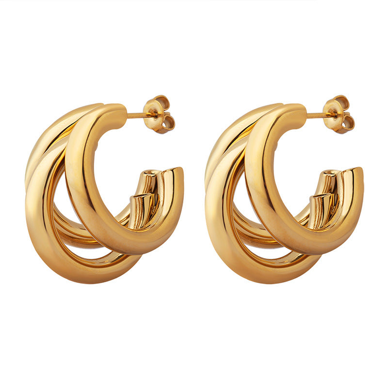 316L Stainless Steel Triple-Layered Hollow C-Shape Hoop Earrings - Image 1