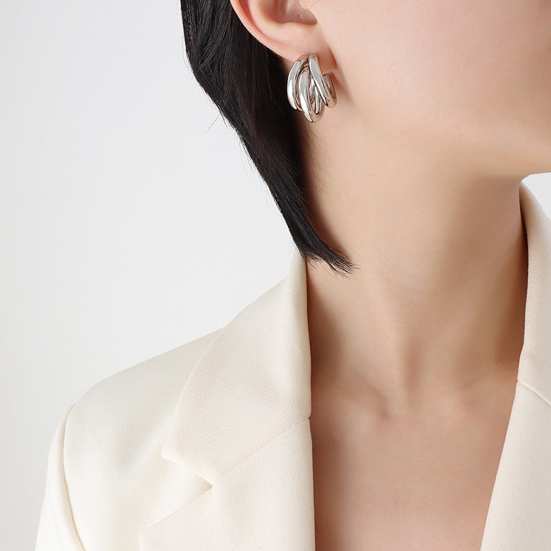 316L Stainless Steel Triple-Layered Hollow C-Shape Hoop Earrings - Image 2