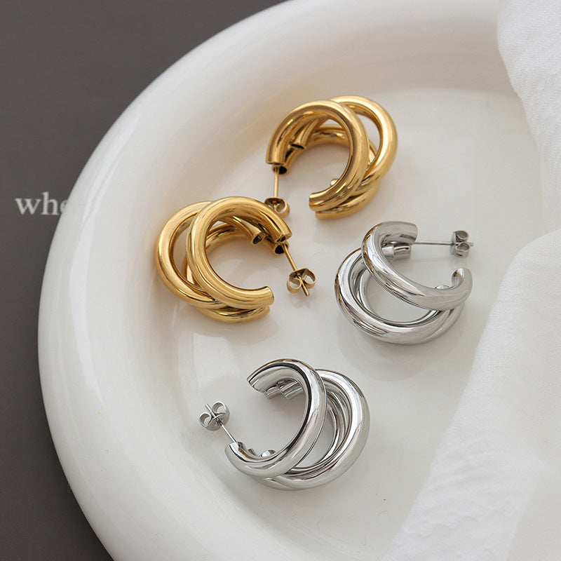 316L Stainless Steel Triple-Layered Hollow C-Shape Hoop Earrings - Image 3