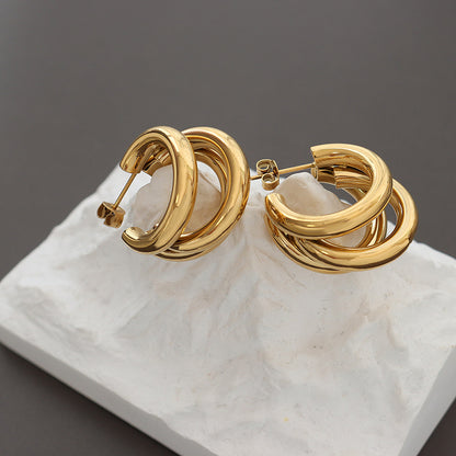 316L Stainless Steel Triple-Layered Hollow C-Shape Hoop Earrings - Image 6