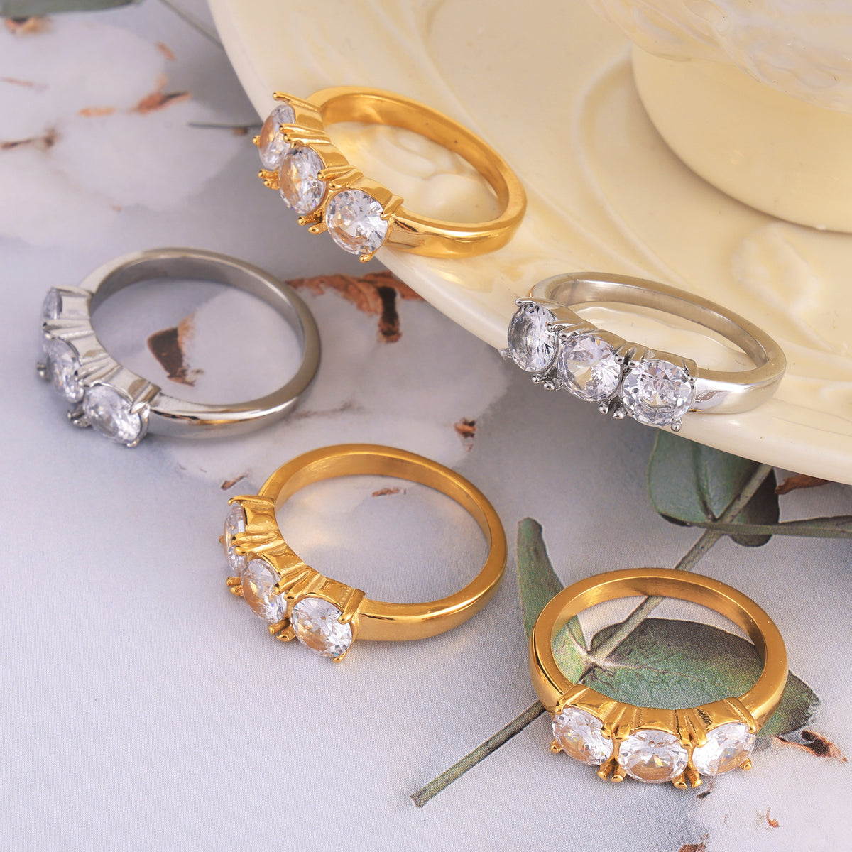 316L Stainless Steel 18K PVD Gold Triple Zircon Ring made with 316L stainless steel and 18K PVD gold finish for wholesale jewelry buyers - image 10