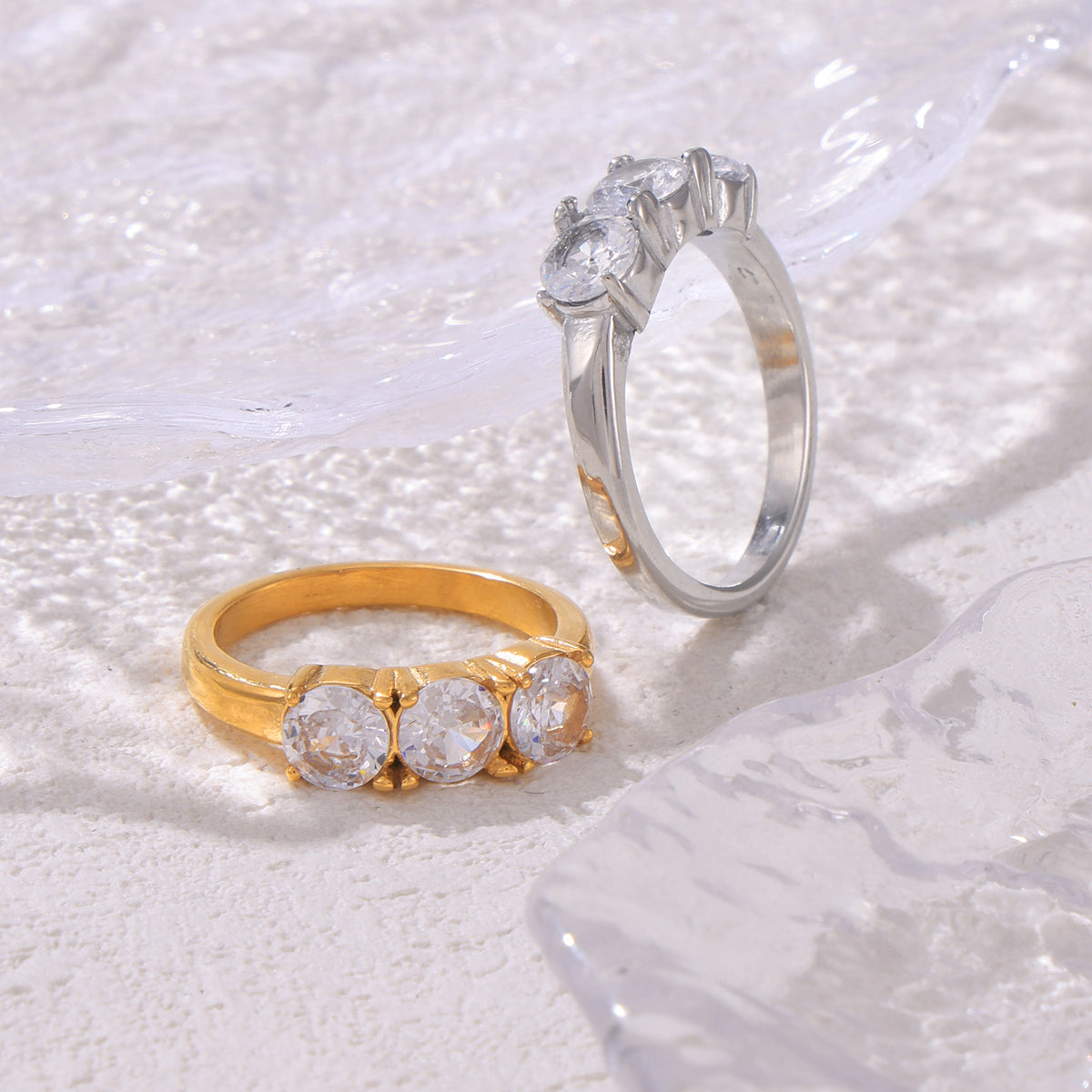 316L Stainless Steel 18K PVD Gold Triple Zircon Ring made with 316L stainless steel and 18K PVD gold finish for wholesale jewelry buyers - image 11