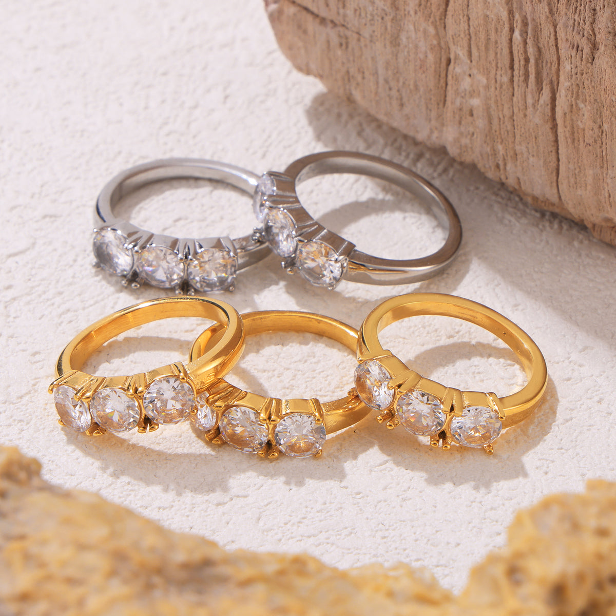316L Stainless Steel 18K PVD Gold Triple Zircon Ring made with 316L stainless steel and 18K PVD gold finish for wholesale jewelry buyers - image 8