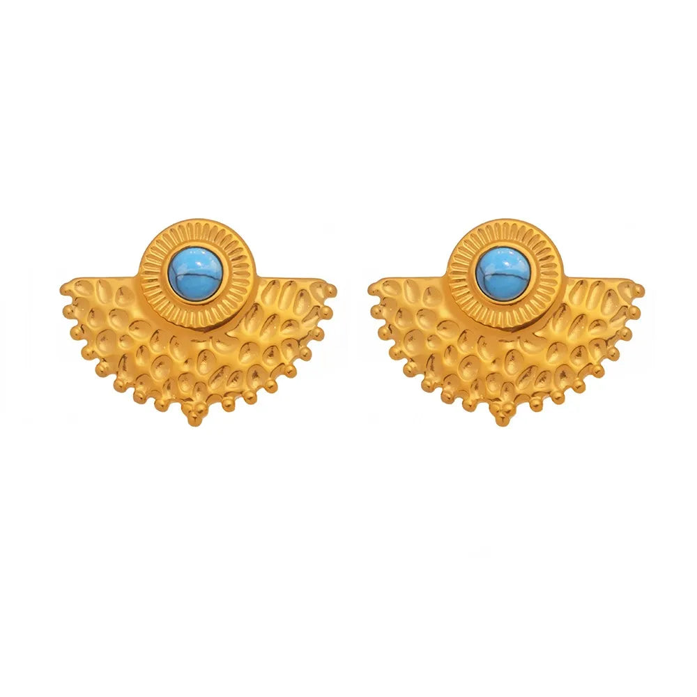 316L stainless steel turquoise peacock fan stud earrings with 18K PVD gold finish