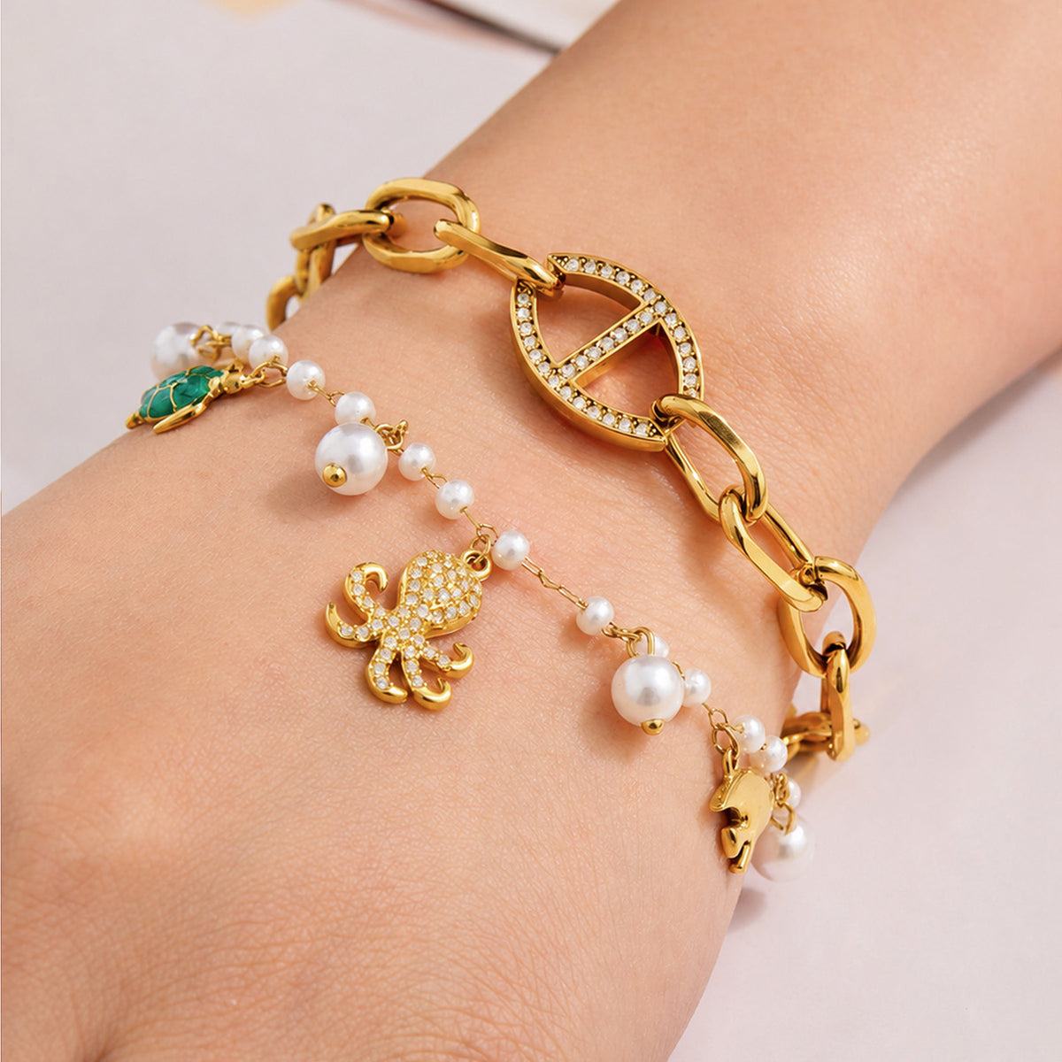 316L Stainless Steel 18K PVD Gold Turtle Pearl Bracelet made with 316L stainless steel and 18K PVD gold finish for wholesale jewelry buyers - image 10