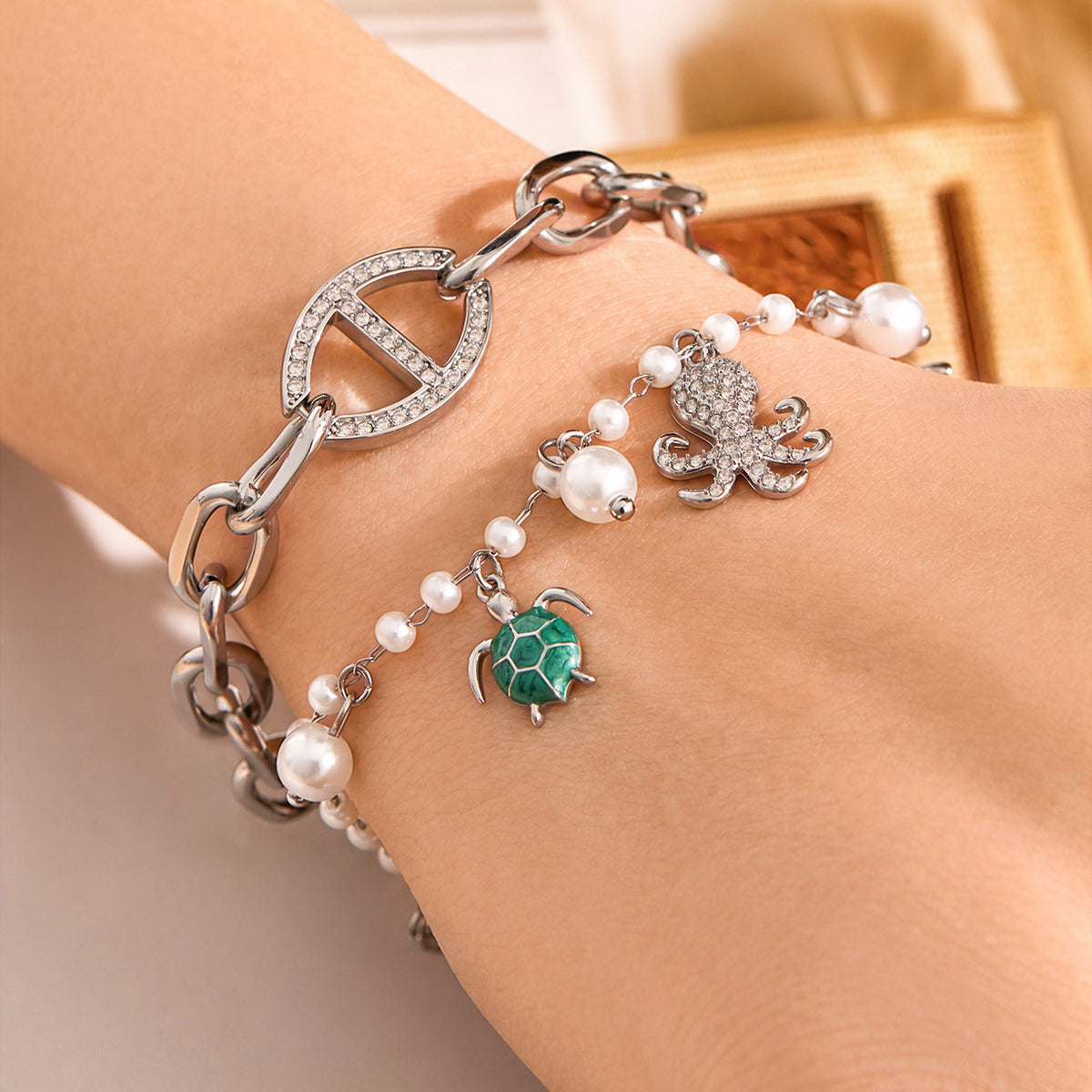 316L Stainless Steel 18K PVD Gold Turtle Pearl Bracelet made with 316L stainless steel and 18K PVD gold finish for wholesale jewelry buyers - image 11