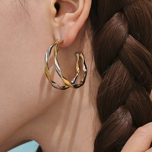 316L Stainless Steel Twisted Double Layer Hoop Earrings - Image 3