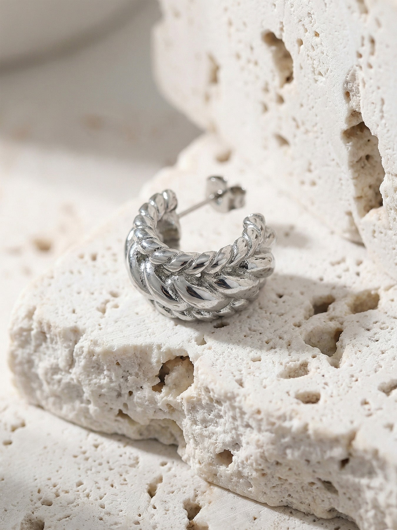 316L Stainless Steel Twisted Geometric C-Hoop Stud Earrings - Image 2