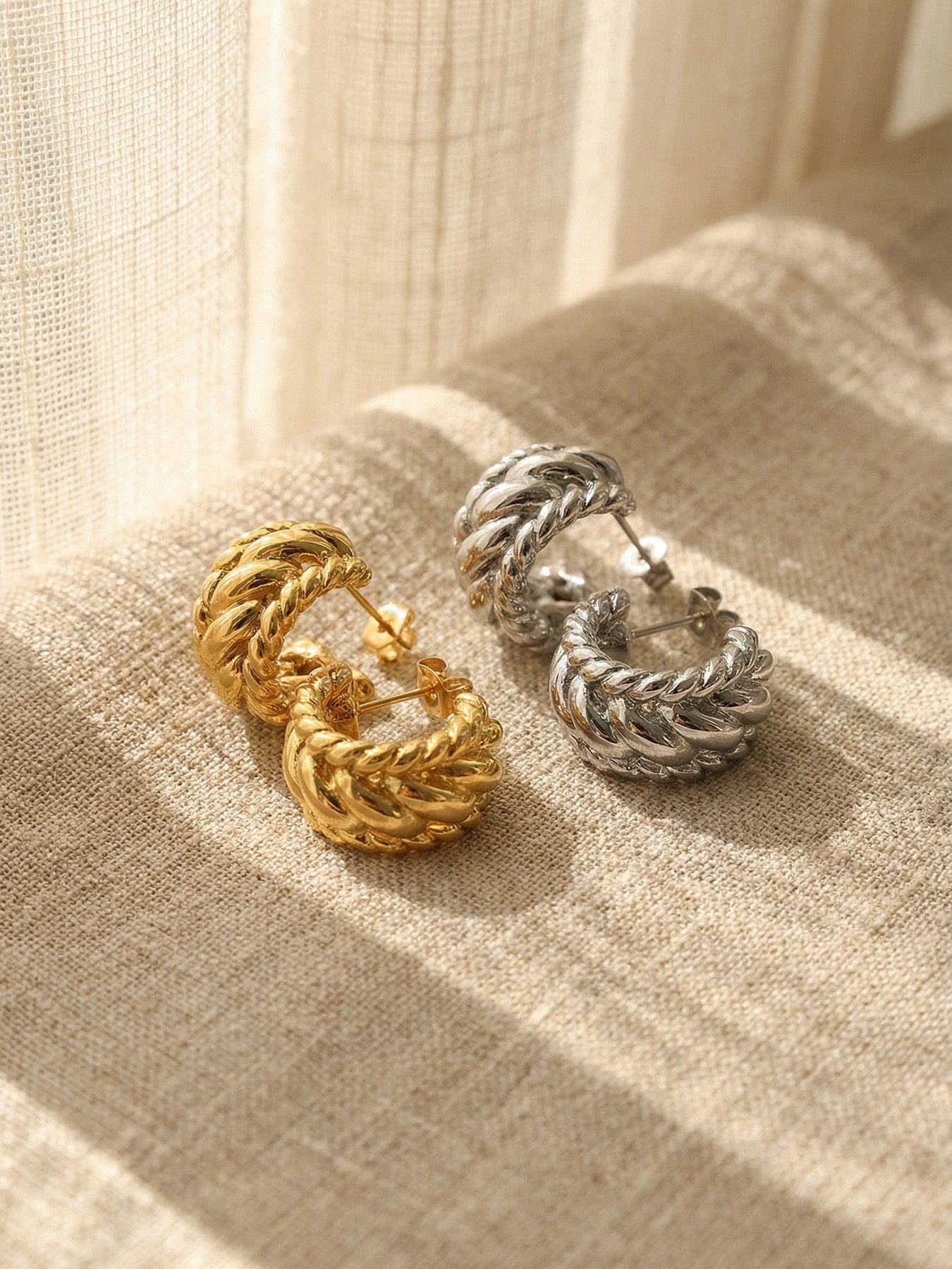 316L Stainless Steel Twisted Geometric C-Hoop Stud Earrings - Image 3