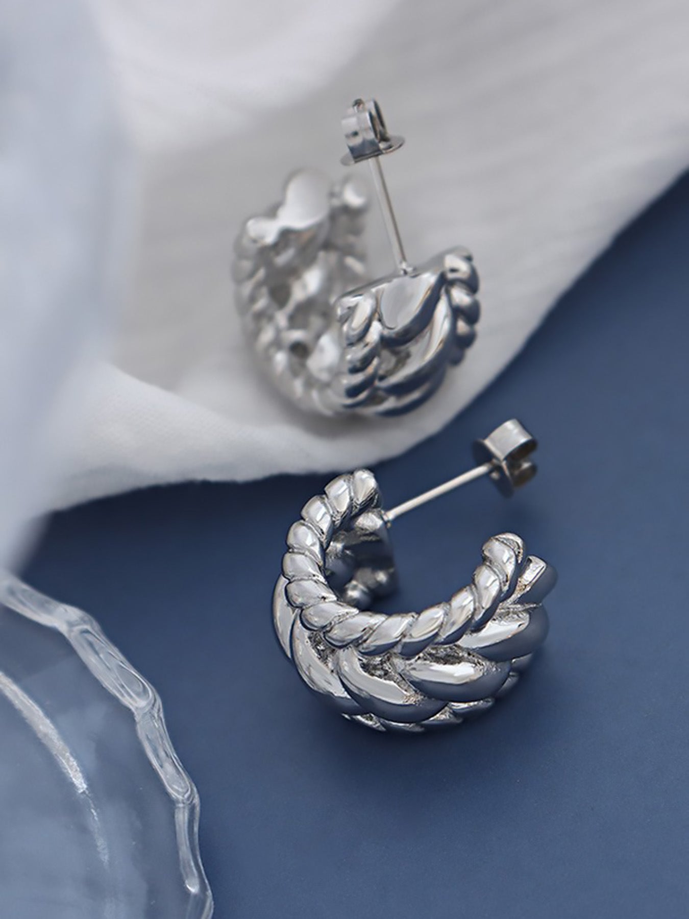 316L Stainless Steel Twisted Geometric C-Hoop Stud Earrings - Image 5