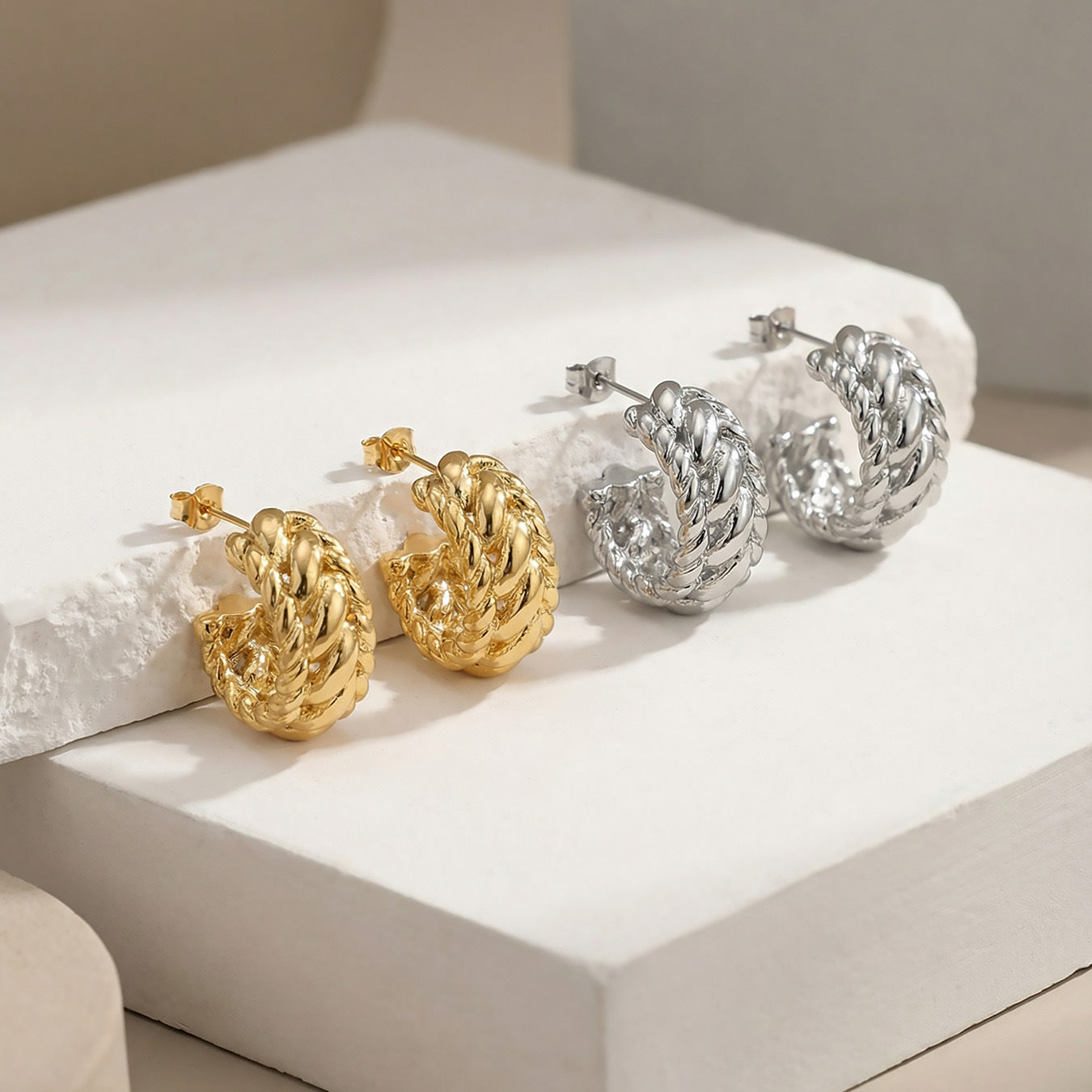 316L Stainless Steel Twisted Geometric C-Hoop Stud Earrings - Image 7