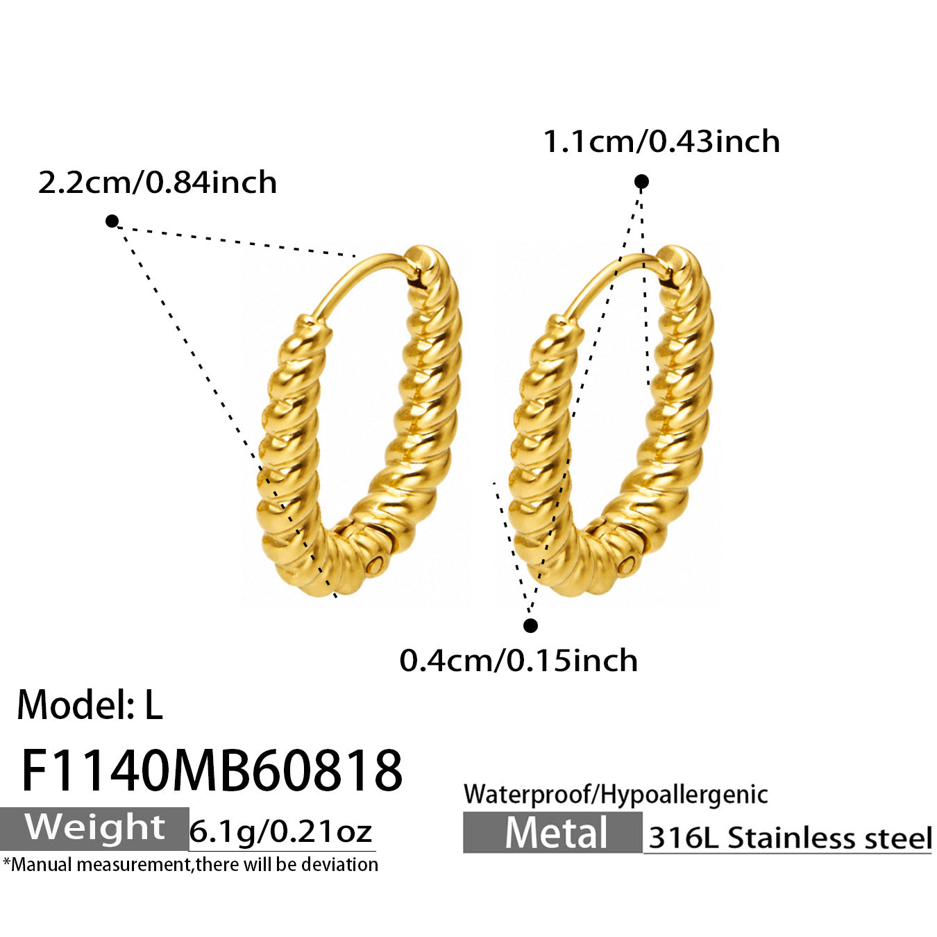 316L Stainless Steel 18K PVD Gold Twisted Hoop Earrings made with 316L stainless steel and 18K PVD gold finish for wholesale jewelry buyers - image 5