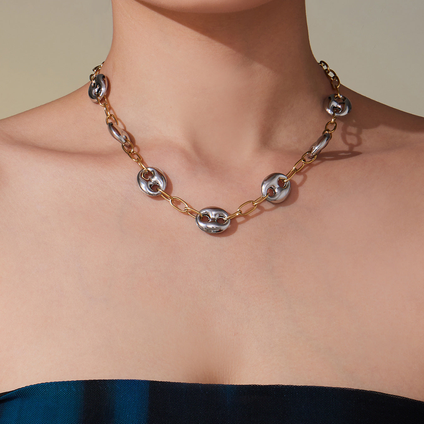 316L Stainless Steel Two-Tone 18K Gold PVD Plated Hollow Link Necklace - Image 7