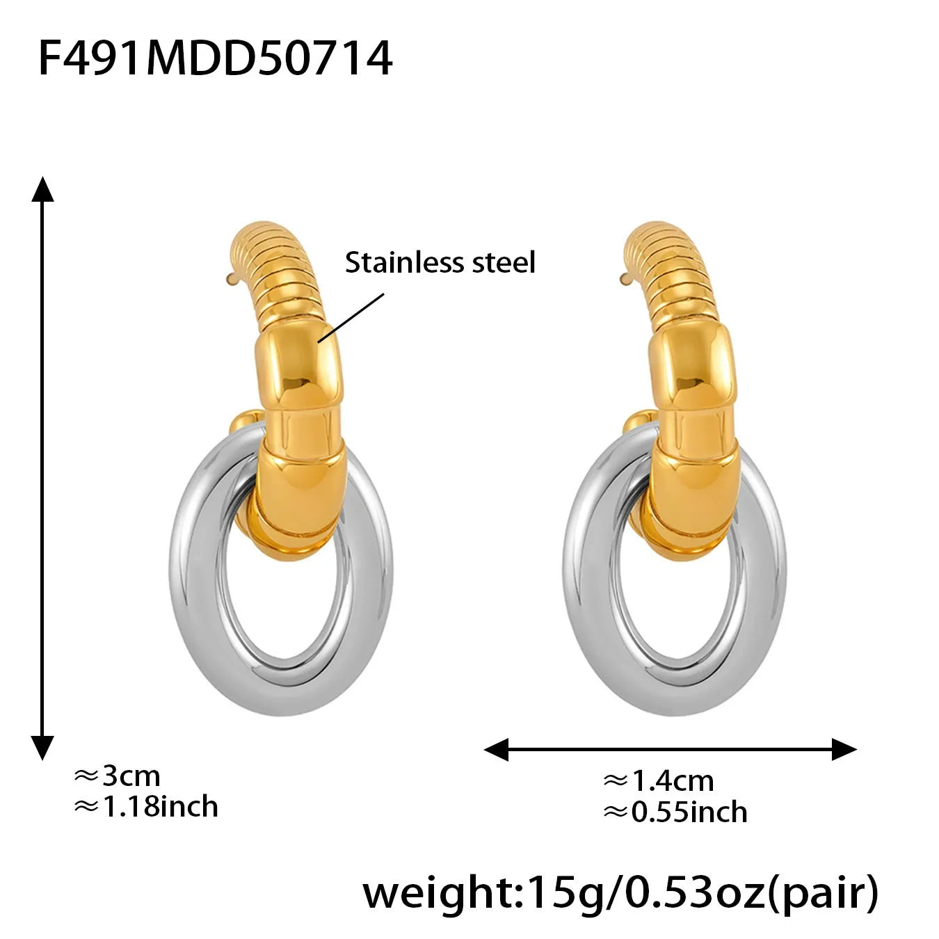 316L Stainless Steel Two-Tone C-Shaped Openwork Hoop Earrings - Image 8