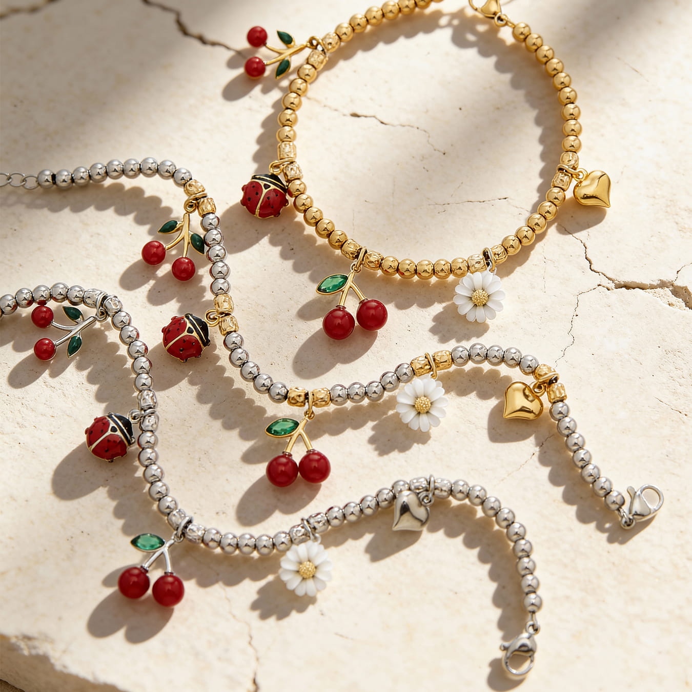 316L stainless steel two tone cherry daisy charm beaded bracelet