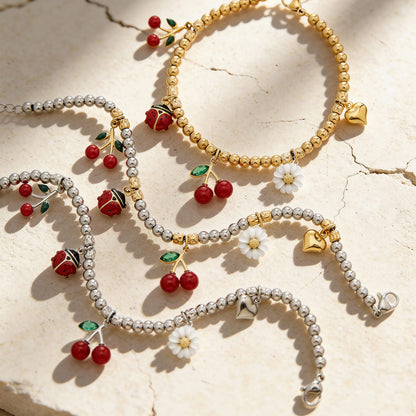 316L stainless steel two tone cherry daisy charm beaded bracelet