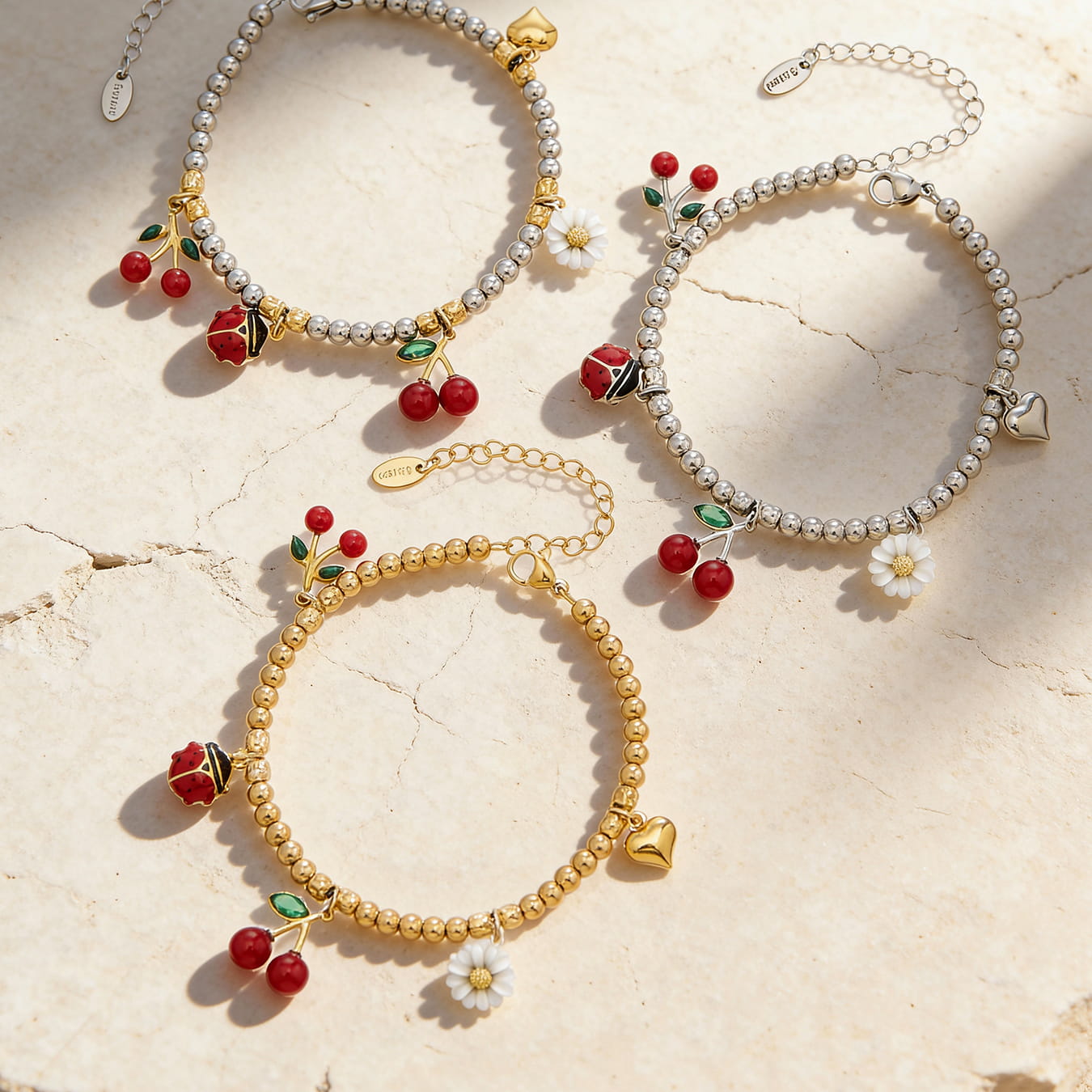 316L stainless steel two tone cherry daisy charm bracelet wholesale jewelry