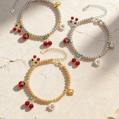316L stainless steel two tone cherry daisy charm bracelet wholesale jewelry
