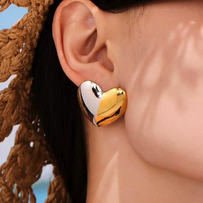 316L Stainless Steel Two-Tone Geometric Heart & Round Earrings - Image 8