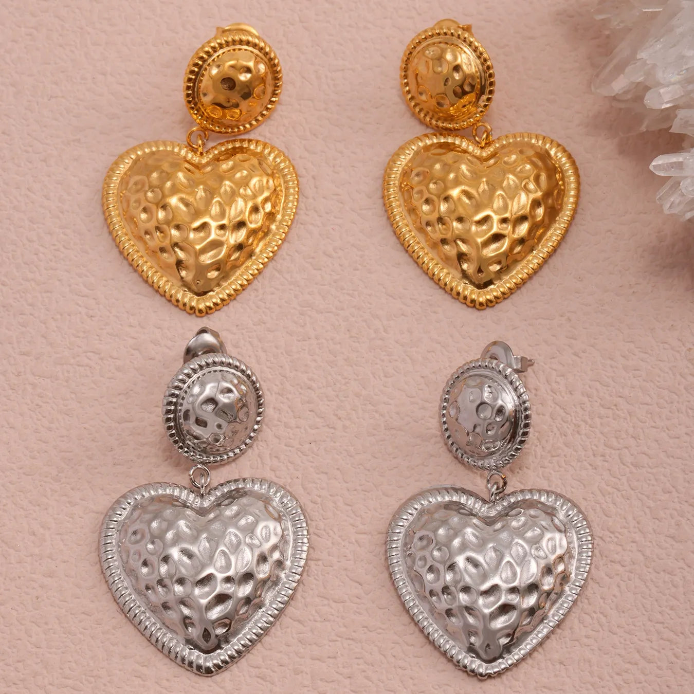 316L Stainless Steel Two-Tone Heart Rivet Drop Earrings - Image 2