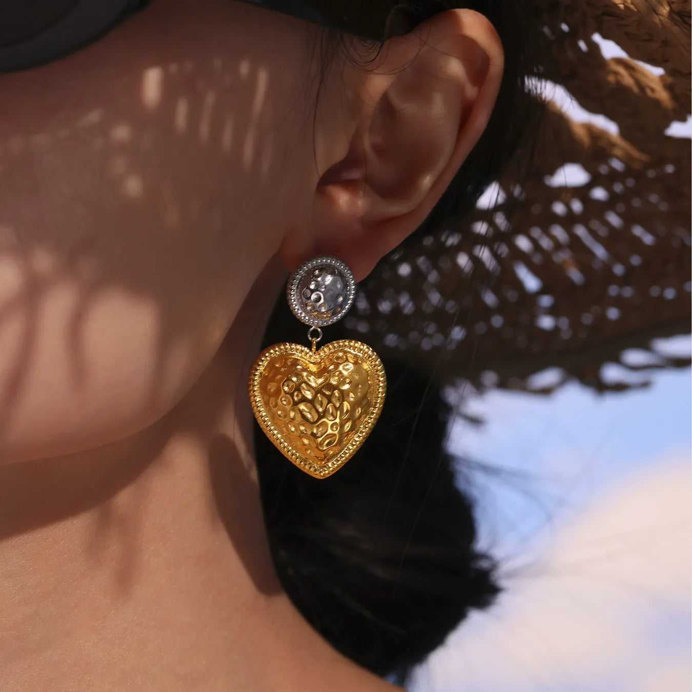 316L Stainless Steel Two-Tone Heart Rivet Drop Earrings - Image 3
