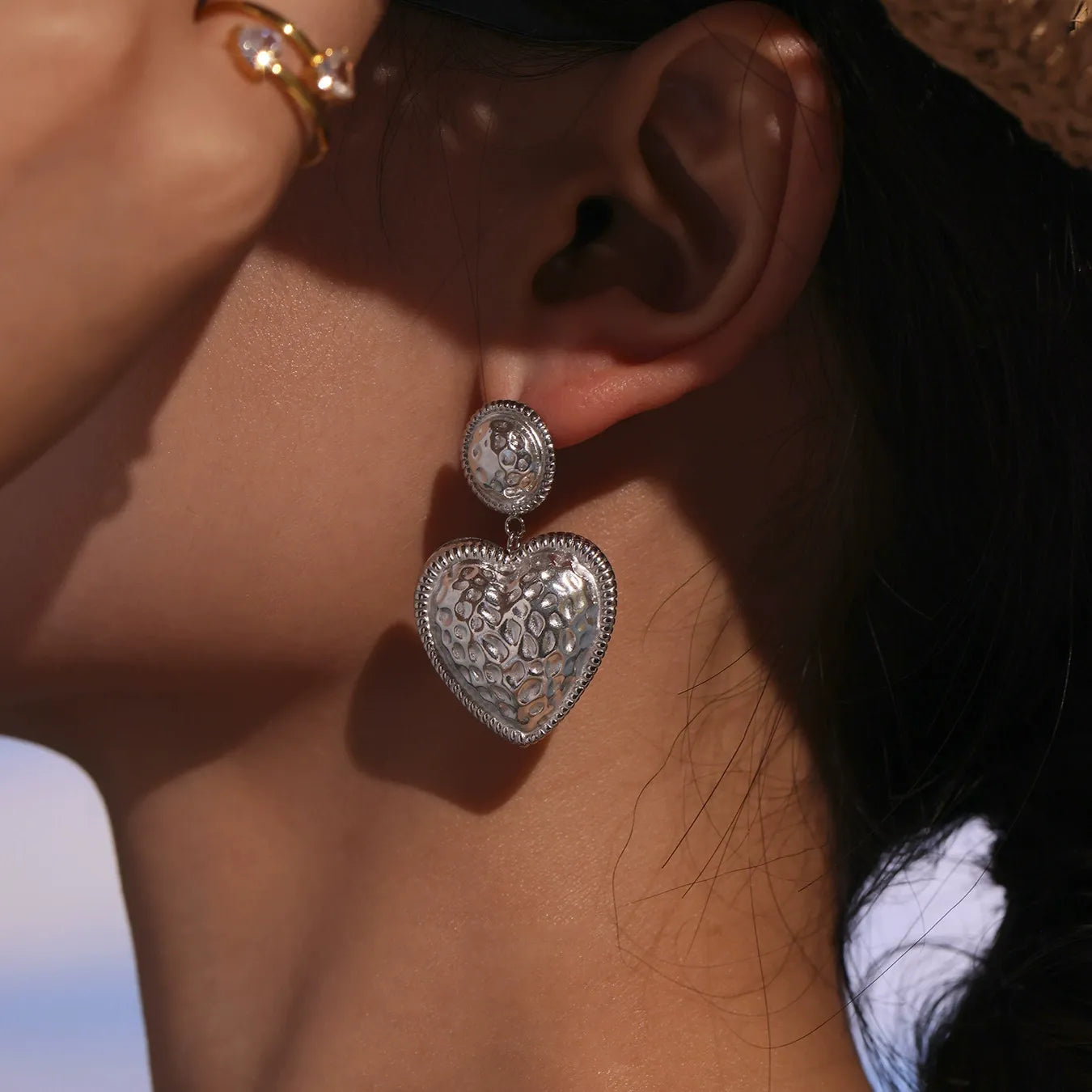 316L Stainless Steel Two-Tone Heart Rivet Drop Earrings - Image 4