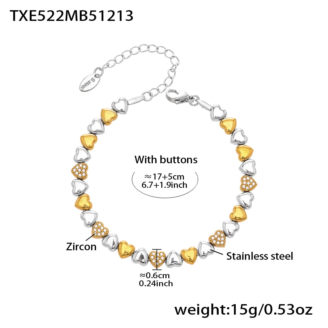 Two-tone heart zircon bracelet crafted from 316L stainless steel with waterproof PVD gold finish.