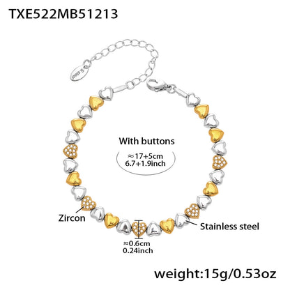 Two-tone heart zircon bracelet crafted from 316L stainless steel with waterproof PVD gold finish.