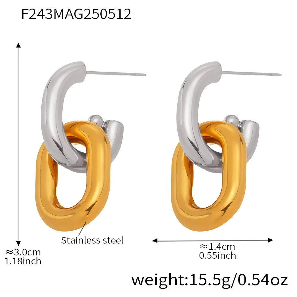316L Stainless Steel Two-Tone Hollow Chain Link Earrings - Image 6