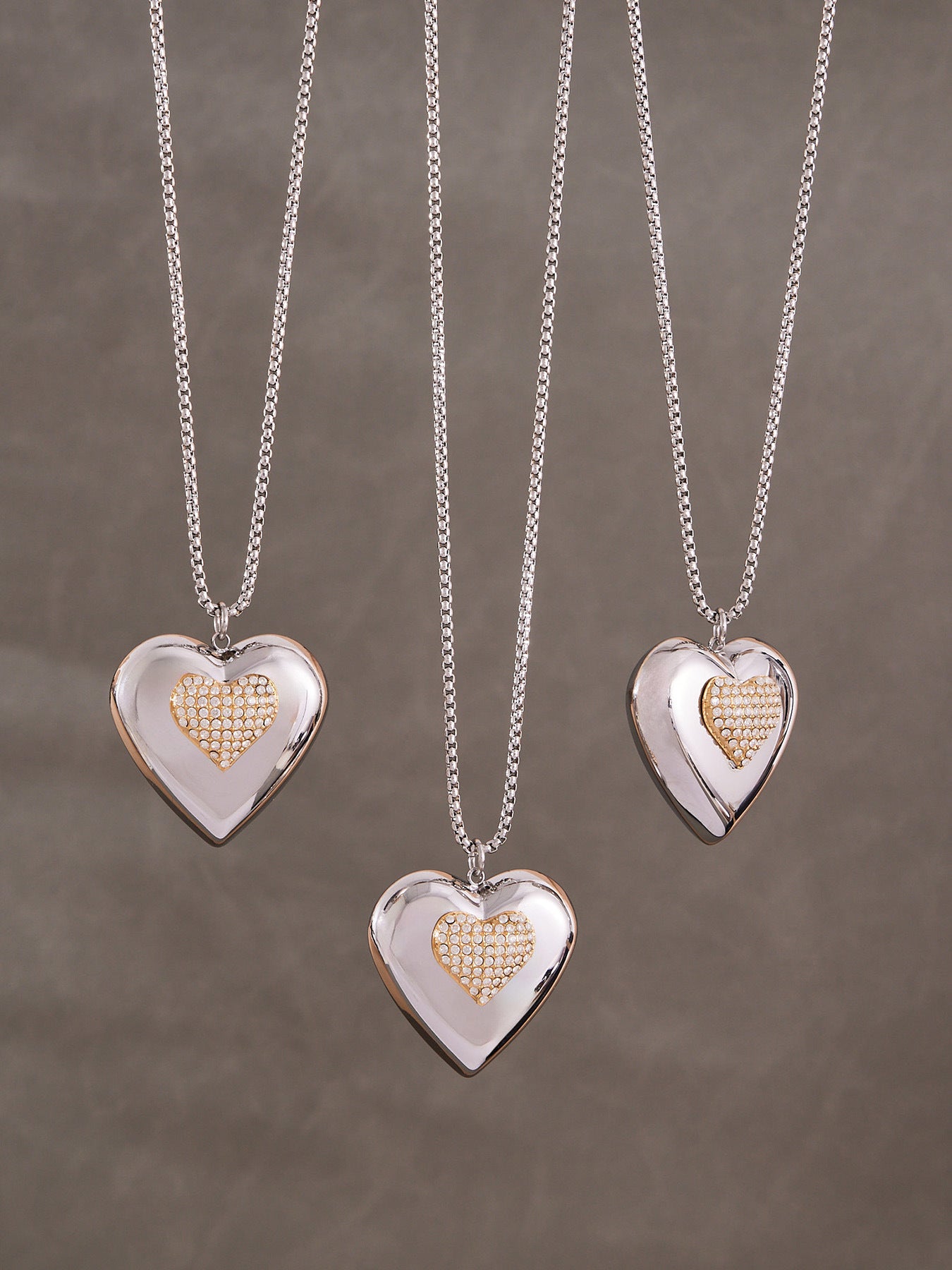 316L Stainless Steel Two-Tone Open Heart Pavé Zircon Necklace - Image 10