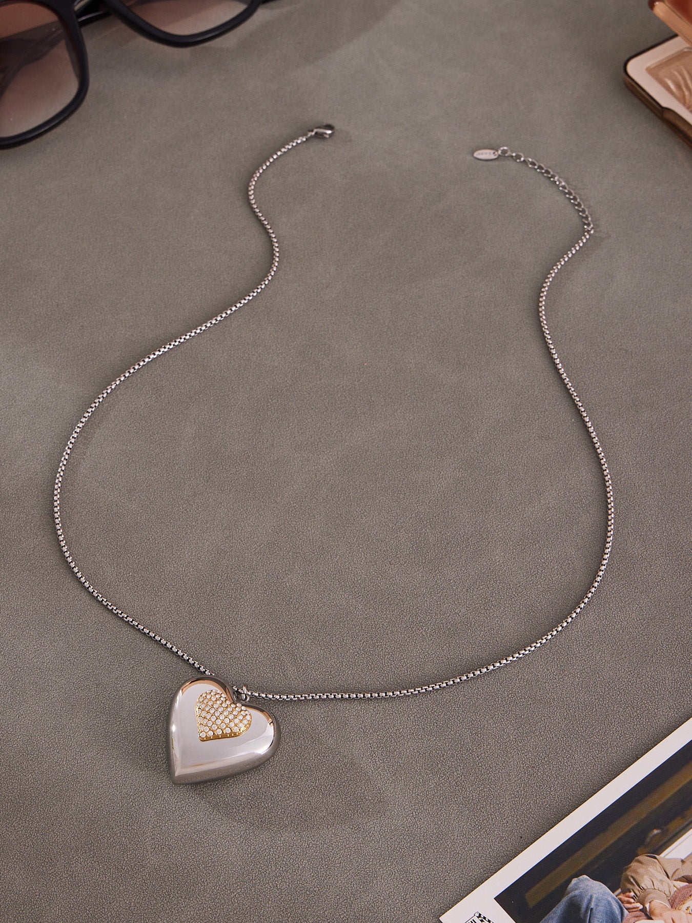 316L Stainless Steel Two-Tone Open Heart Pavé Zircon Necklace - Image 11