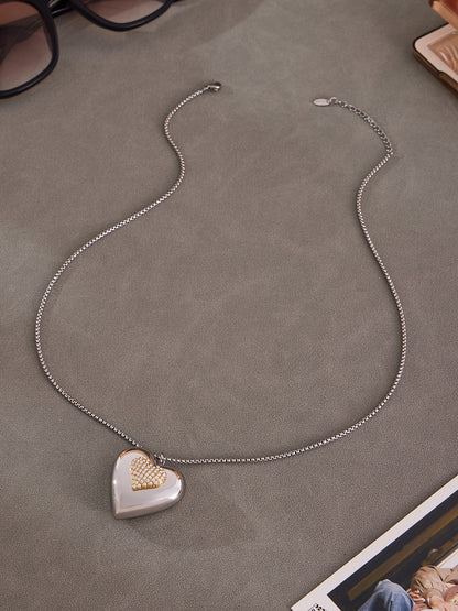 316L Stainless Steel Two-Tone Open Heart Pavé Zircon Necklace - Image 11