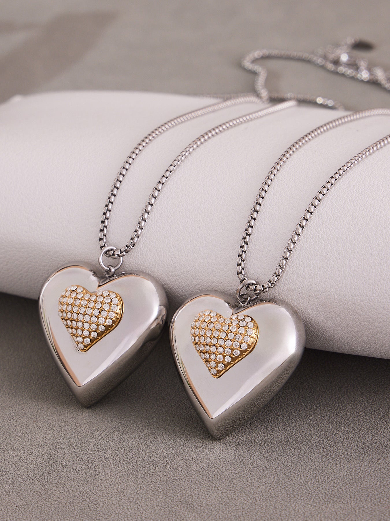 316L Stainless Steel Two-Tone Open Heart Pavé Zircon Necklace - Image 2