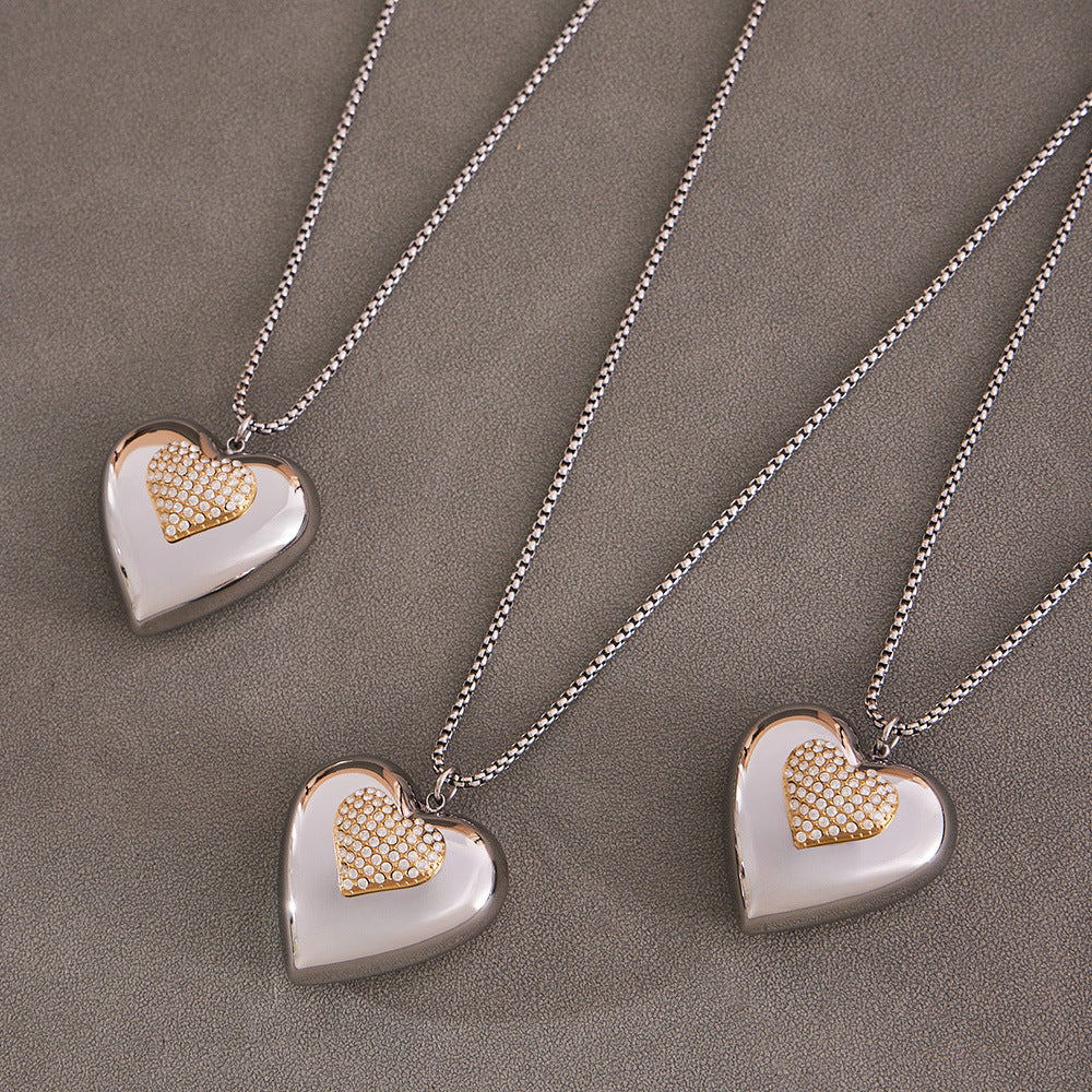 316L Stainless Steel Two-Tone Open Heart Pavé Zircon Necklace - Image 3