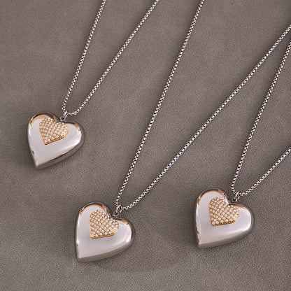 316L Stainless Steel Two-Tone Open Heart Pavé Zircon Necklace - Image 3