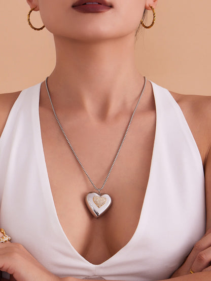 316L Stainless Steel Two-Tone Open Heart Pavé Zircon Necklace - Image 4