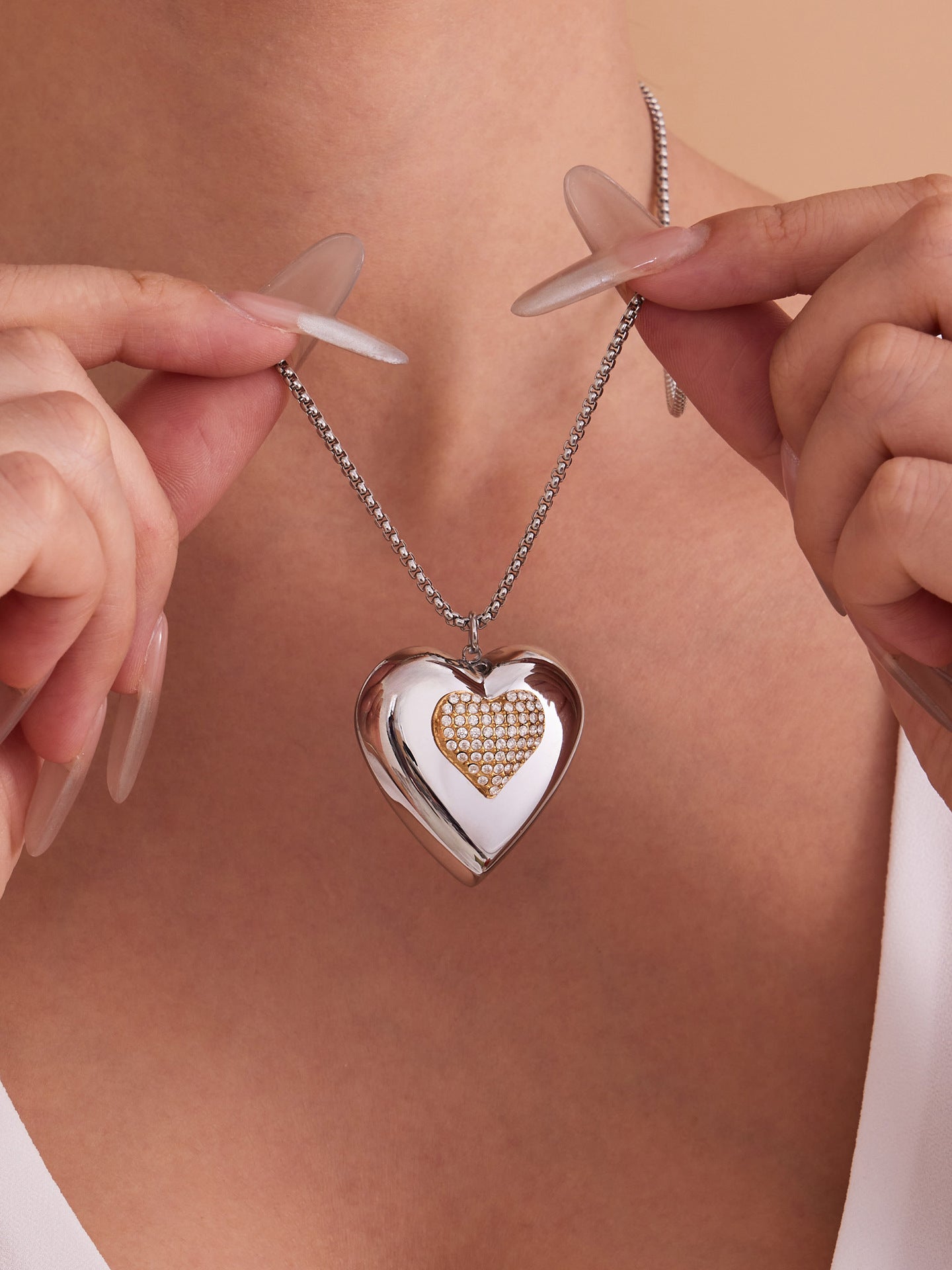 316L Stainless Steel Two-Tone Open Heart Pavé Zircon Necklace - Image 5