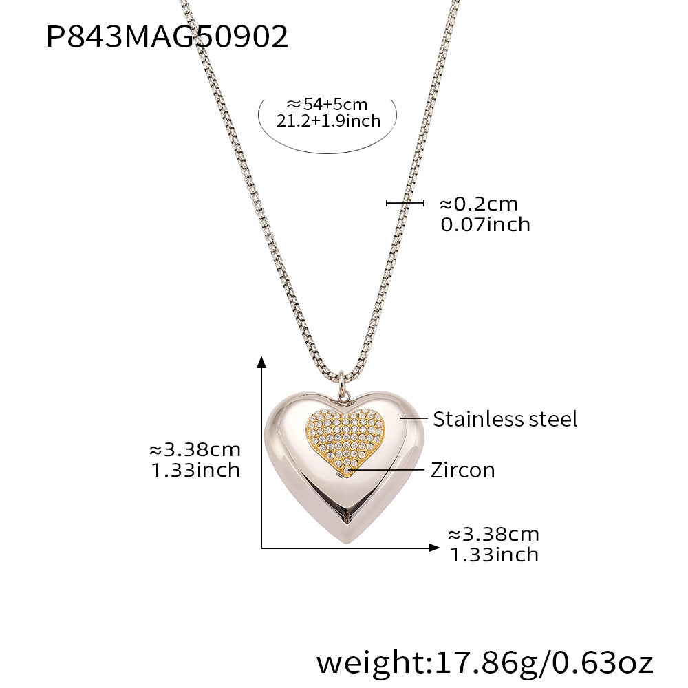 316L Stainless Steel Two-Tone Open Heart Pavé Zircon Necklace - Image 7
