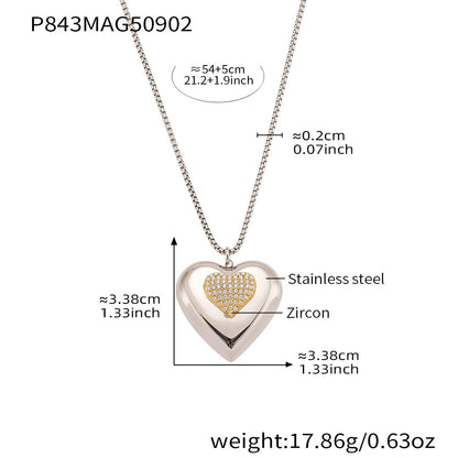 316L Stainless Steel Two-Tone Open Heart Pavé Zircon Necklace - Image 7