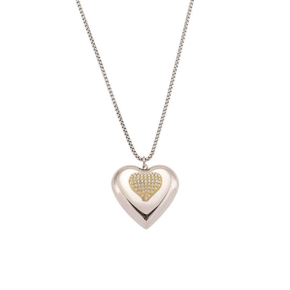 316L Stainless Steel Two-Tone Open Heart Pavé Zircon Necklace - Image 8