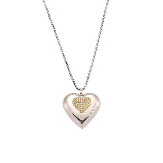 316L Stainless Steel Two-Tone Open Heart Pavé Zircon Necklace - Image 8