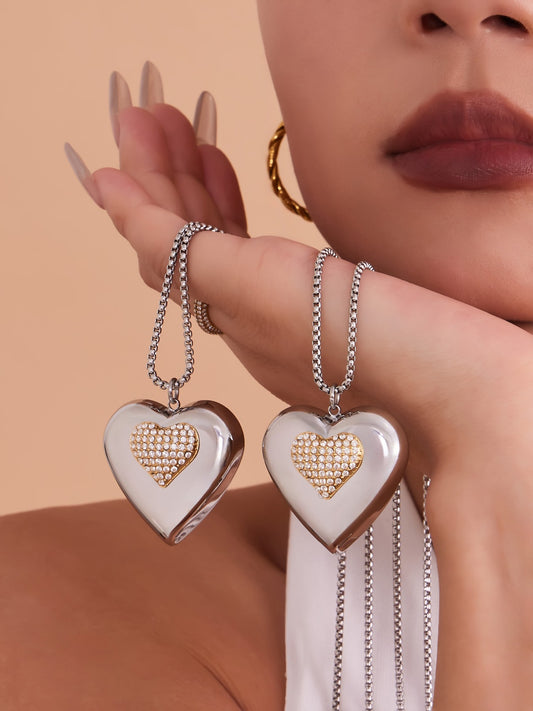 316L Stainless Steel Two-Tone Open Heart Pavé Zircon Necklace - Image 9