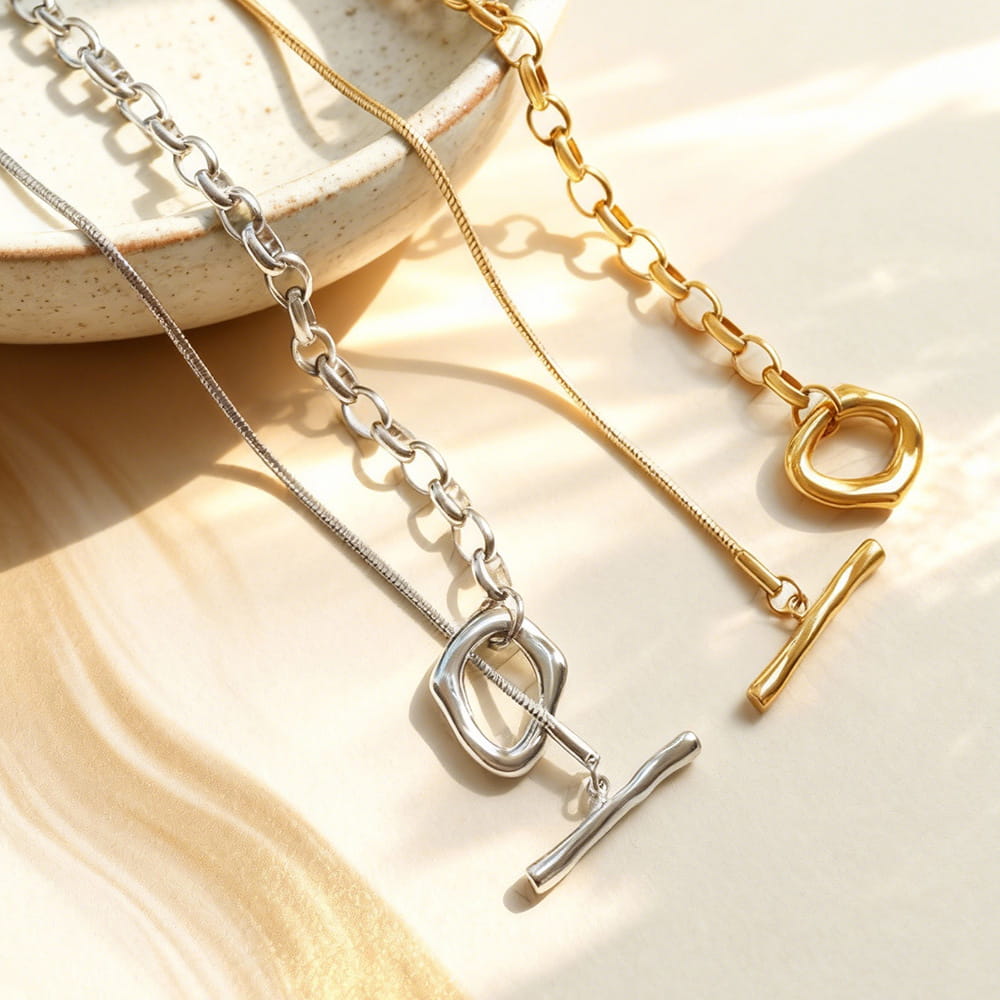 316L stainless steel two tone OT toggle long chain necklace flat lay wholesale
