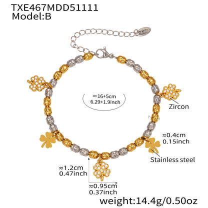 316L Stainless Steel Two-Tone Plated Four-Leaf Clover CZ Charm Bracelet & Necklace - Image 2
