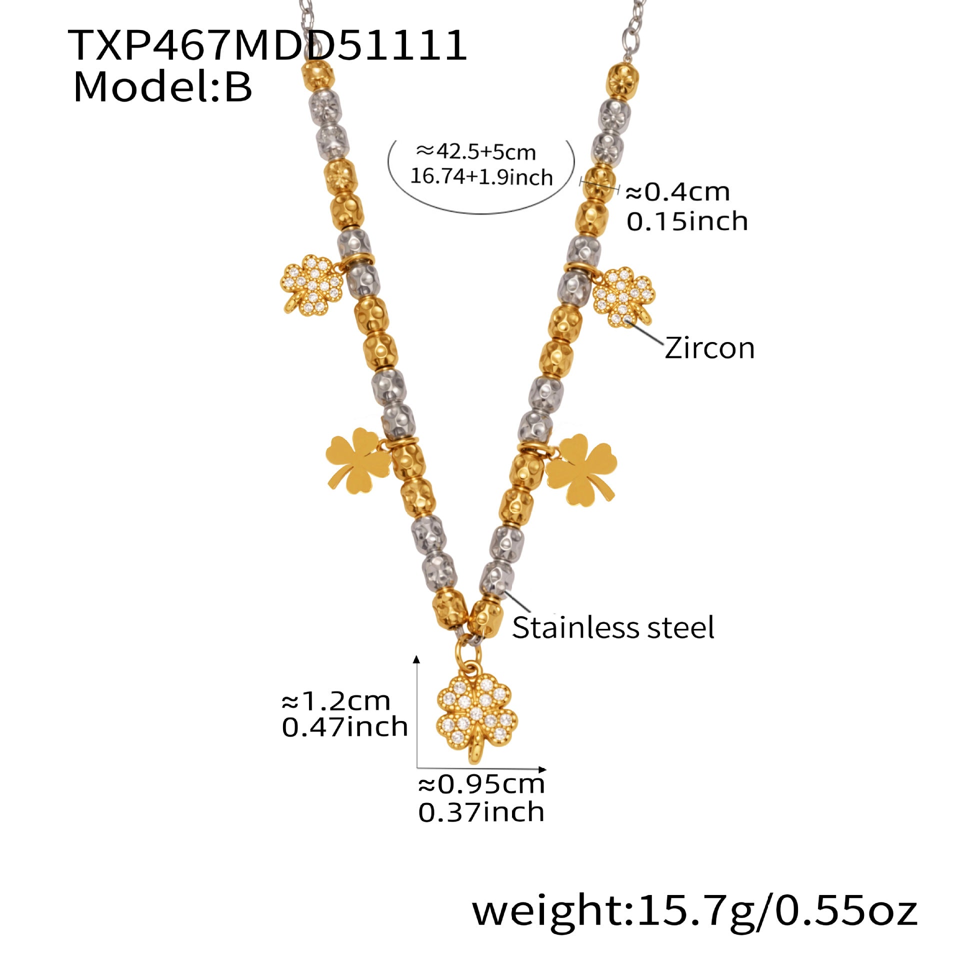 316L Stainless Steel Two-Tone Plated Four-Leaf Clover CZ Charm Bracelet & Necklace - Image 3