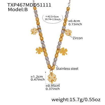316L Stainless Steel Two-Tone Plated Four-Leaf Clover CZ Charm Bracelet & Necklace - Image 3