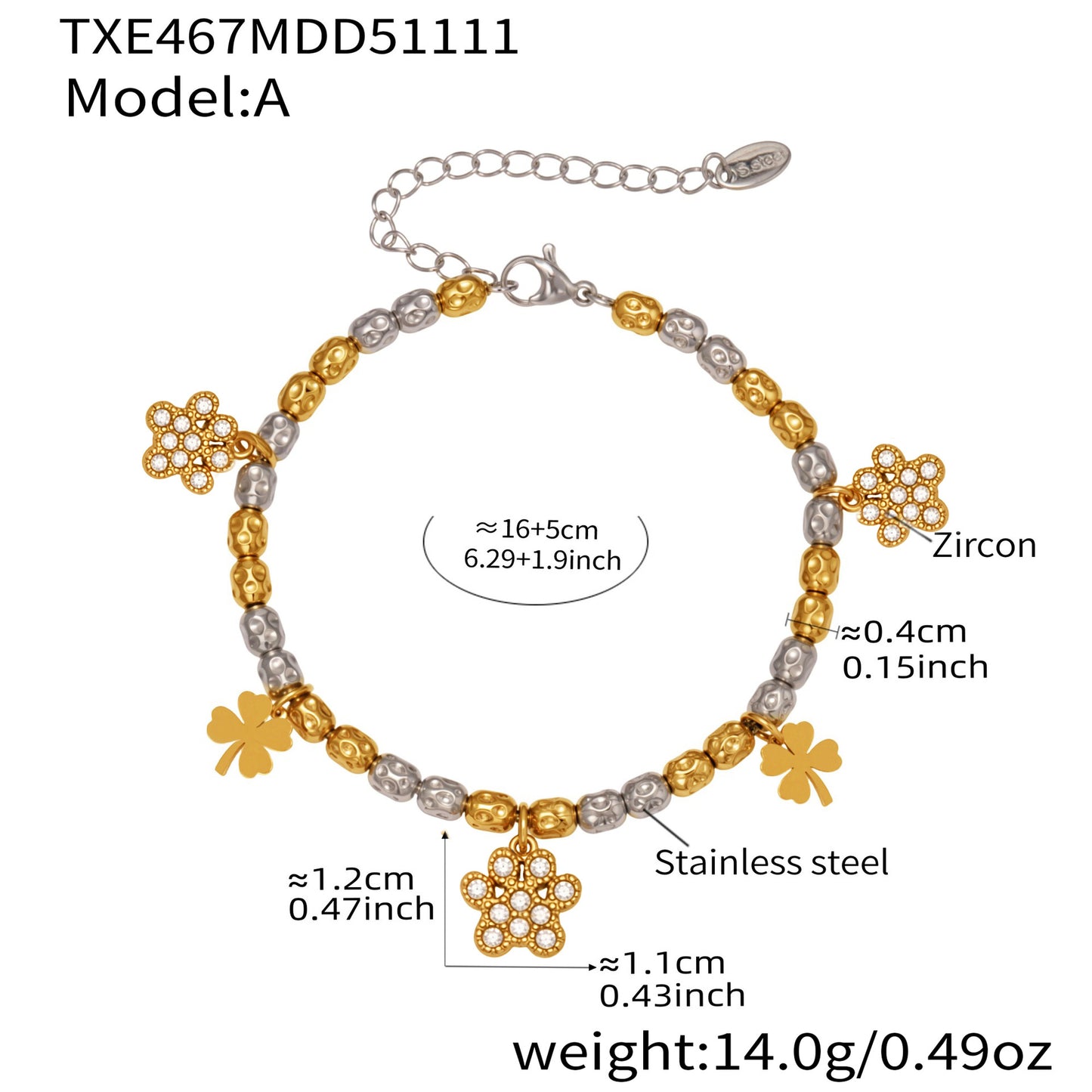 316L Stainless Steel Two-Tone Plated Four-Leaf Clover CZ Charm Bracelet & Necklace - Image 4