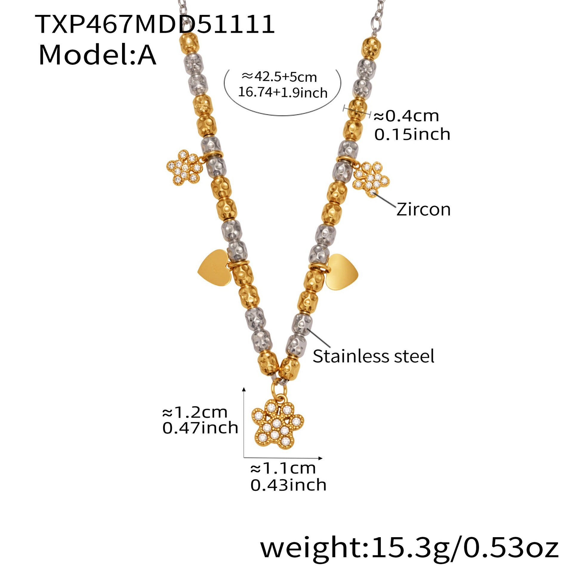 316L Stainless Steel Two-Tone Plated Four-Leaf Clover CZ Charm Bracelet & Necklace - Image 5